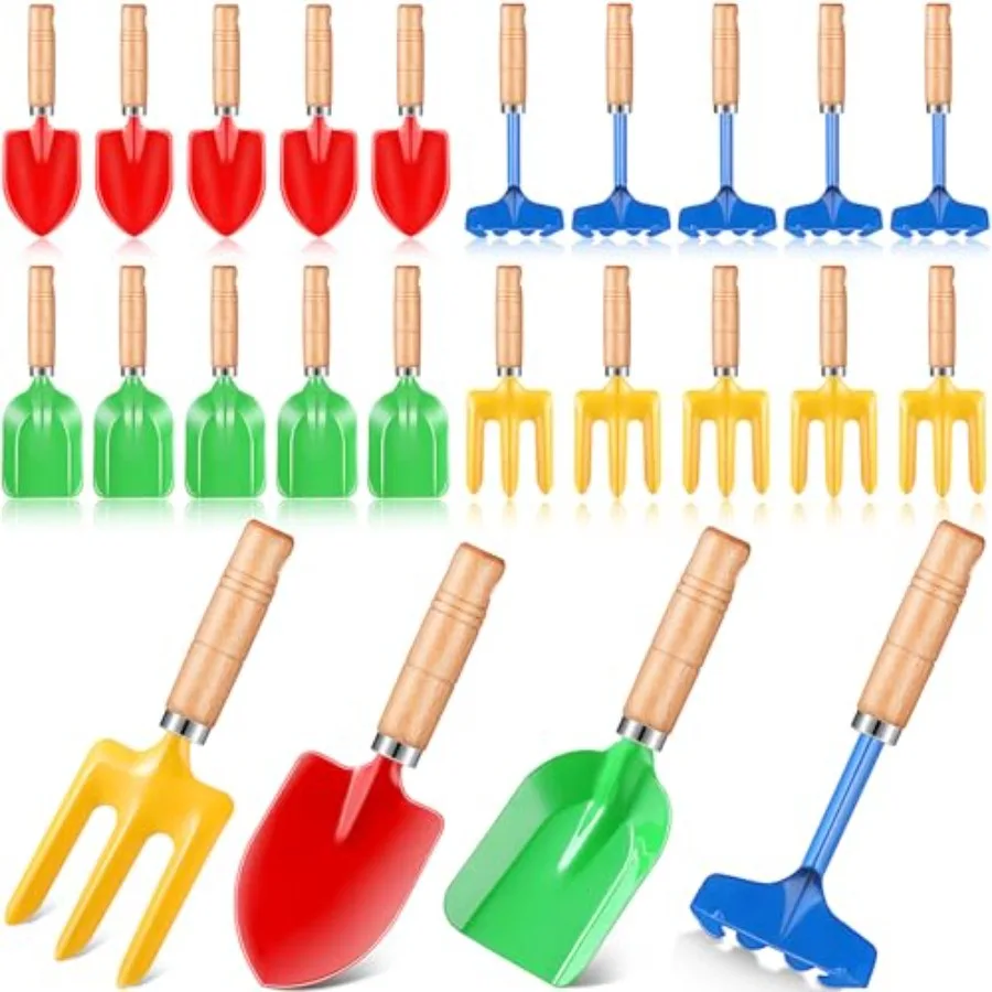 Outdoor Gardening Tools Set For:Metal Sand And Snow Digging Tools With Wooden Handles In Bright Colors, Includes Shovel Rake Fo