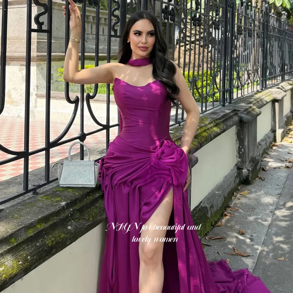 

NFYN High Slit Prom Dress with Scarf Party Dress with Flowers Satin Evening Dresses for Arabic Woman Customized