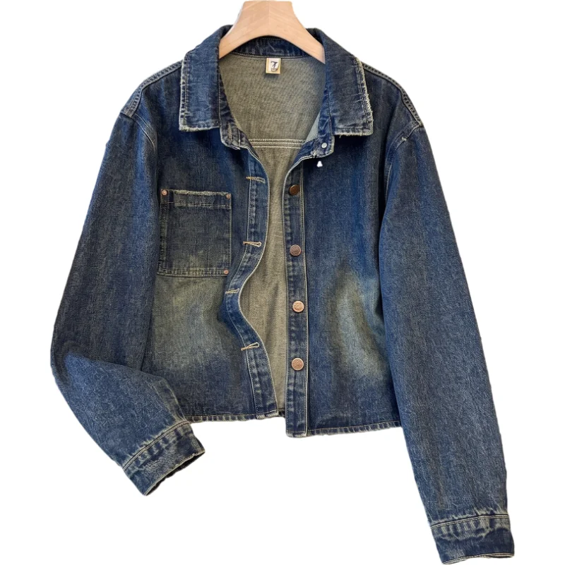 Autumn New Women Fashion Frayed Burrs Vintage Washed Blue Short Denim Jacket Casual Lapel Long Sleeve Jeans Jacket Coat Female