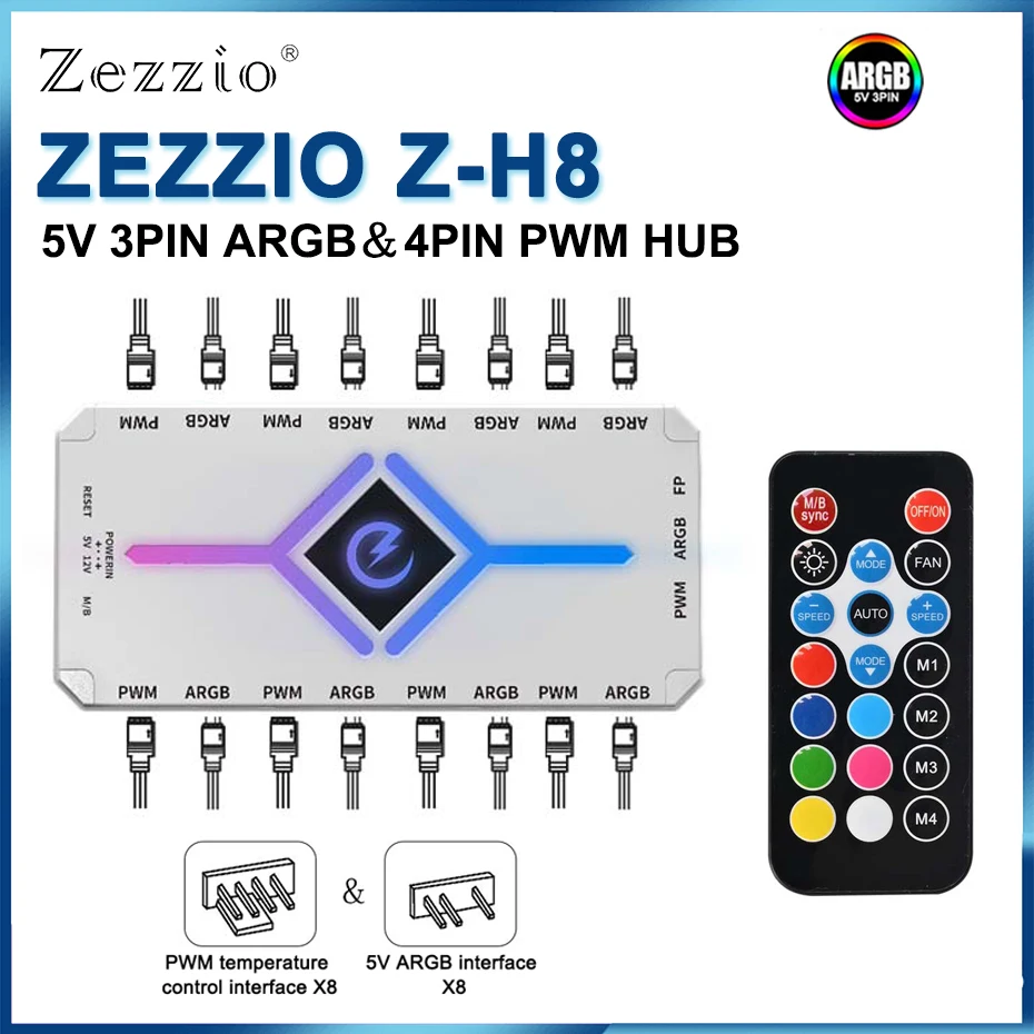 

ZEZZIO Z-H8 Адаптер вентилятора ARGB с ШИМ-концентратором с контроллером ARGB 1–8 портов 5 В 3-контактный разветвитель вентилятора ARGB Корпус SATA Концентратор питания