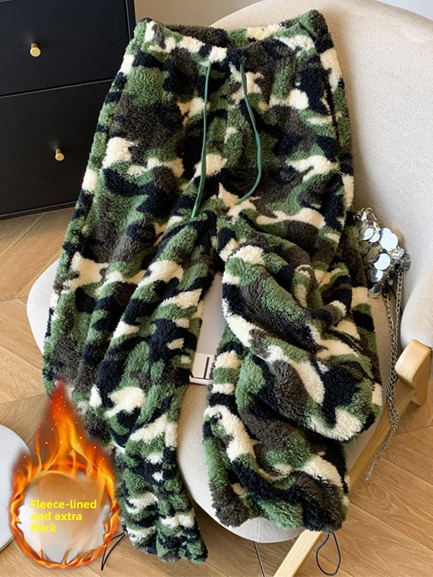 Vita alta Gamba dritta Stampa mimetica Plaid Morbido Thi Pantaloni a gamba larga Donna Inverno Street Vento fresco Vita alta Gamba larga...