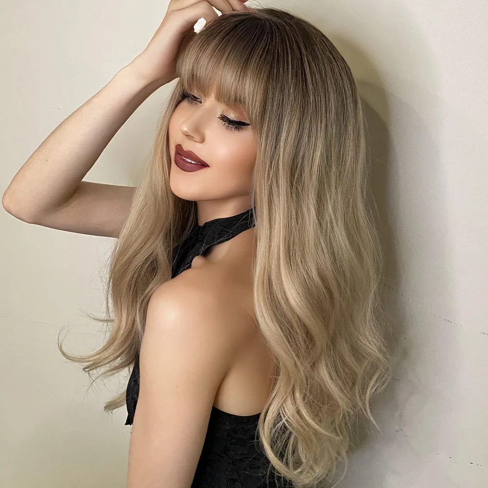 Light Blonde Hair Long Natural Wave Wig with Bangs Cosplay Lolita Party  Heat Resistant Fiber Wigs for Women Daily Fake Hair