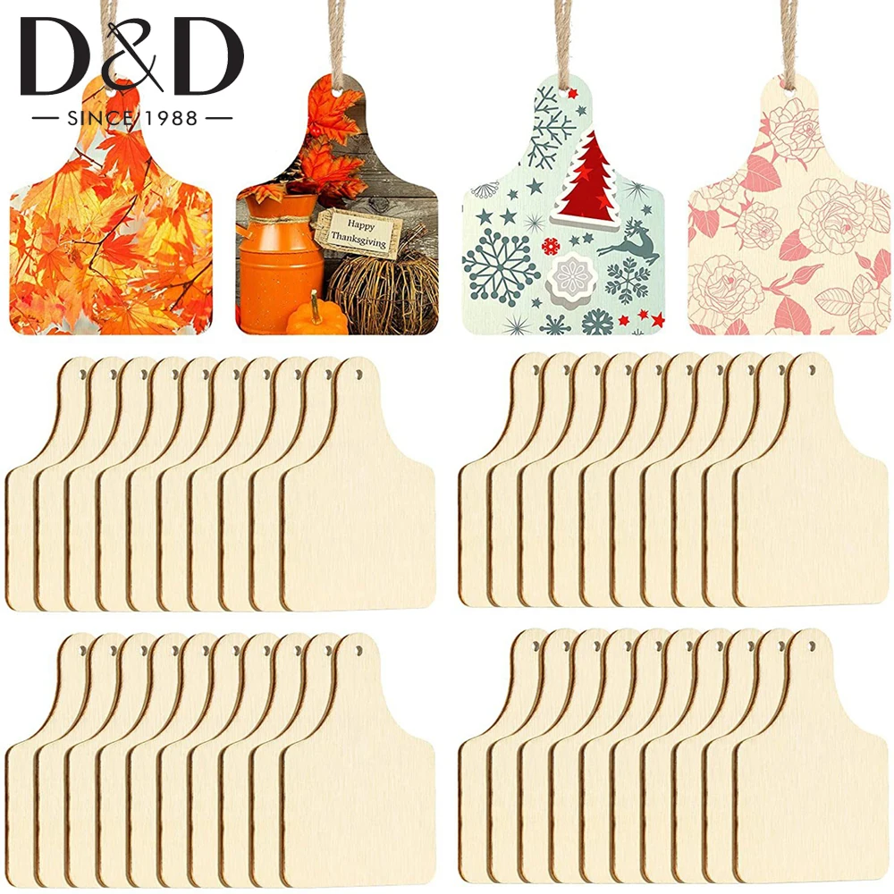 

80Pcs/Set Wooden Blank Cow Ear Tag Hanging Gift Tags Ornaments With Ropes Wooden Natural Cutout Tree Hanging Tag DIY Decoration