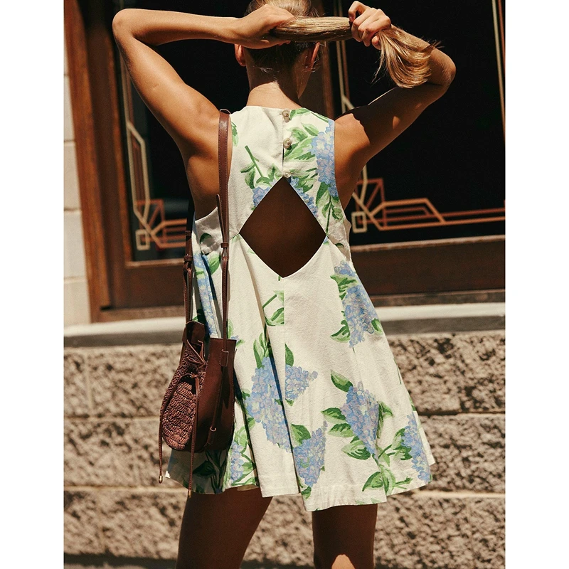 Minivestido corto holgado con estampado Floral Vintage Y2K para mujer, cuello redondo, sin mangas, con botones en la espalda y agujero recortado, corte en A, verano
