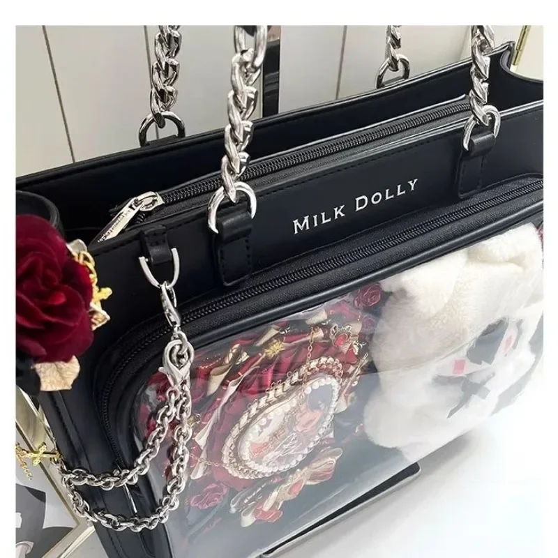 MBTI New Fashion Womens Shoulder Bag Black Lolita Gothic Y2k Cute Tote Bag Transparent Jk Chains Square Large Capacity Handbag