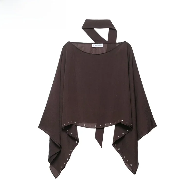 ZBZR 春の新作 レディースファッション リベット付きスカーフ ワイドスリーブ Vネック クローク ポリエステル繊維 ルーズフィット 長袖 ラウンドネック 無地