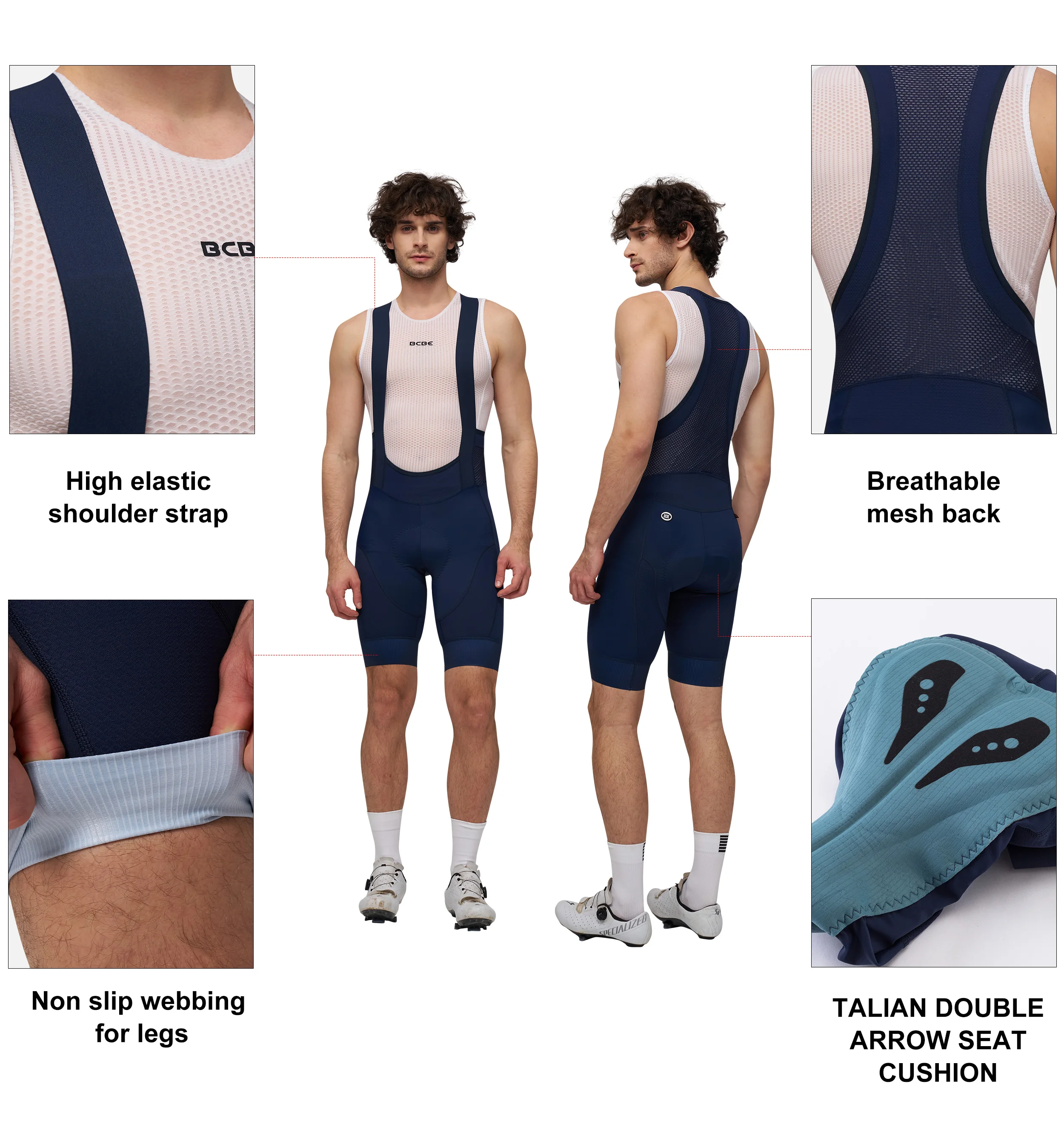 BCBE-ING Herren Radsport-Trägerhose Pro 7Hours Italy mit Elastic Interface Polsterung, MTB- und Rennrad-Trägerhose, Fahrradhose – Detail 5