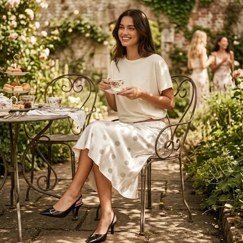 

French Vintage Polka Dot Midi Skirt White Loose Draped Elegant Gentle Romantic Tea Party Chic Outfit For Women Teens Gift