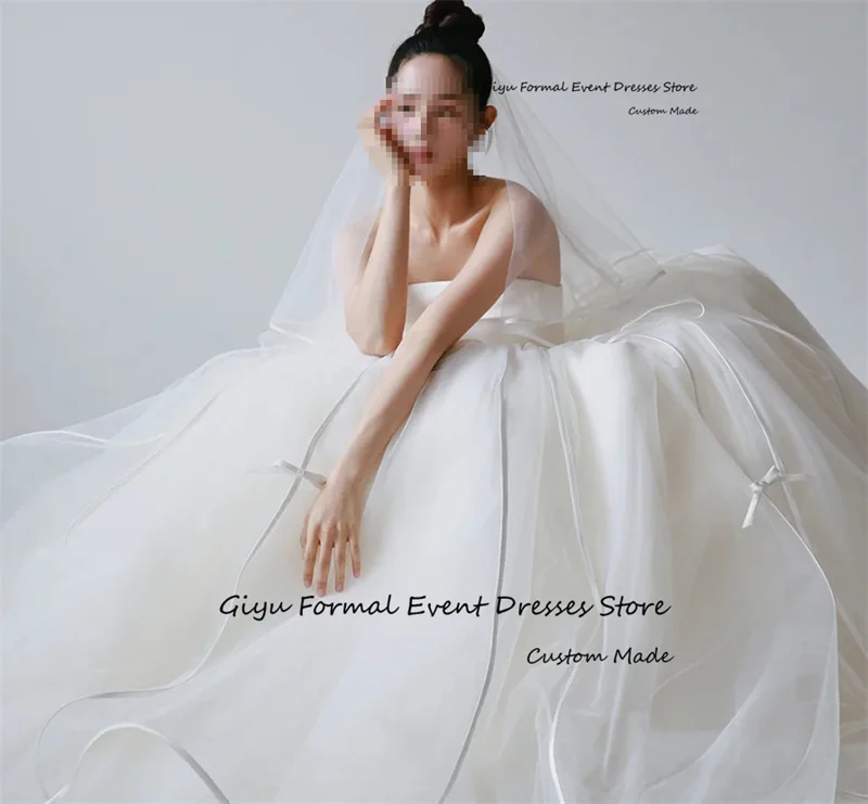 Giyu Design A Line Tulle Korea Vestidos de casamento Strapless Satin Top Ribbon Noiva Vestido até o chão Vestido de mariage Personalizado