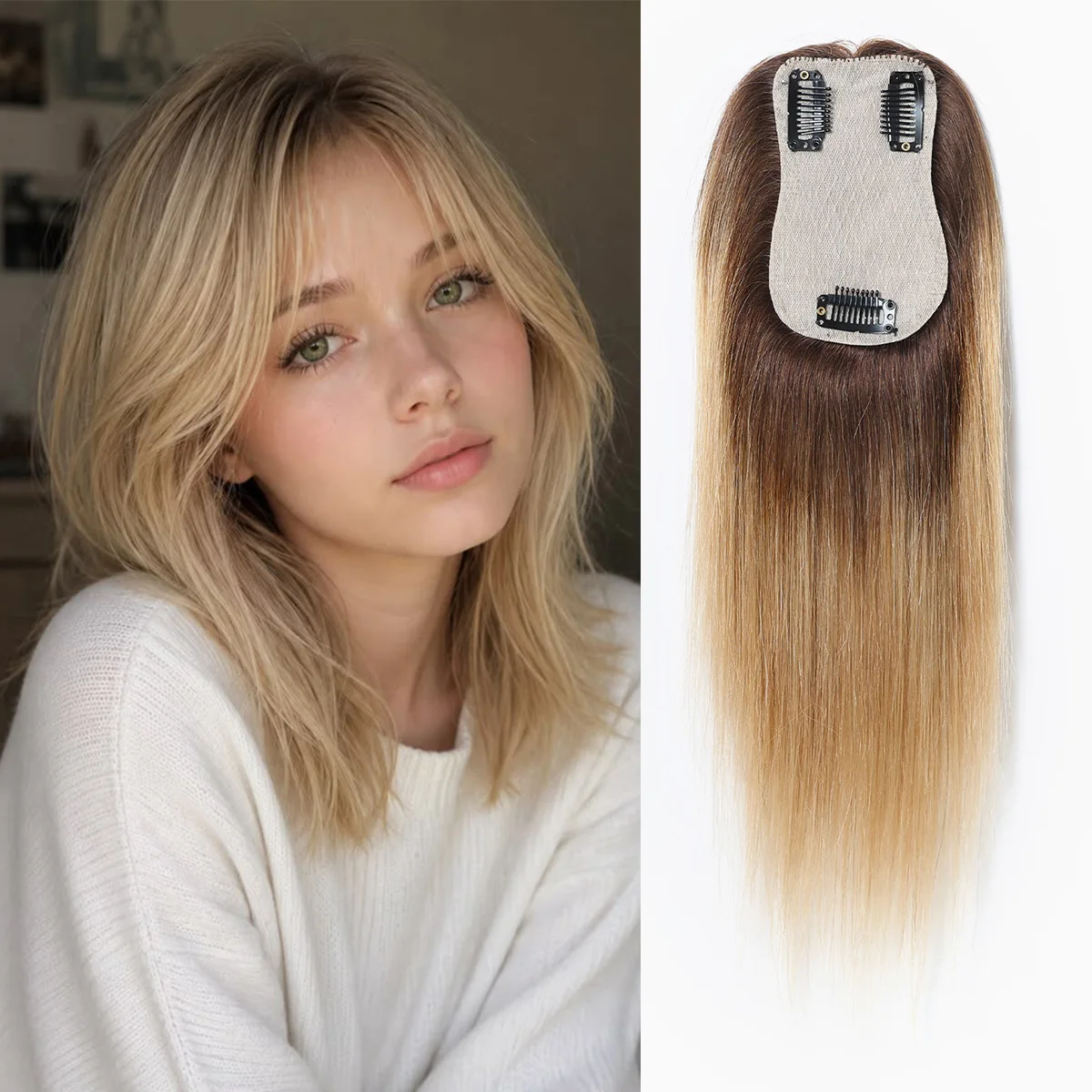 12-inches-brown-human-remy-hair-topper-for-women-black-to-brown-ombre-clips-in-hair-topper-middle-part-human-hair-topper