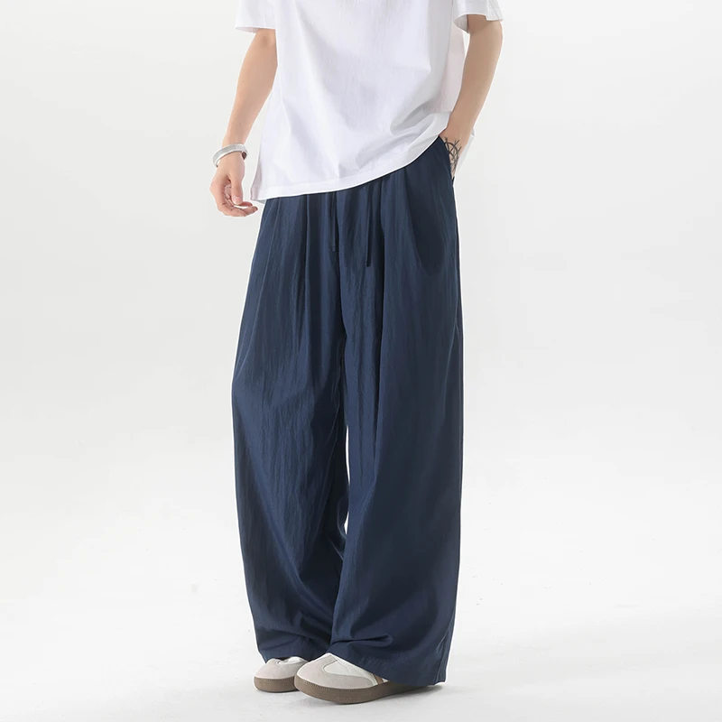 

Summer Wide Leg Pants Man Plus Size Casual Long Baggy Trousers Solid Drawstring Draped Straight Pant