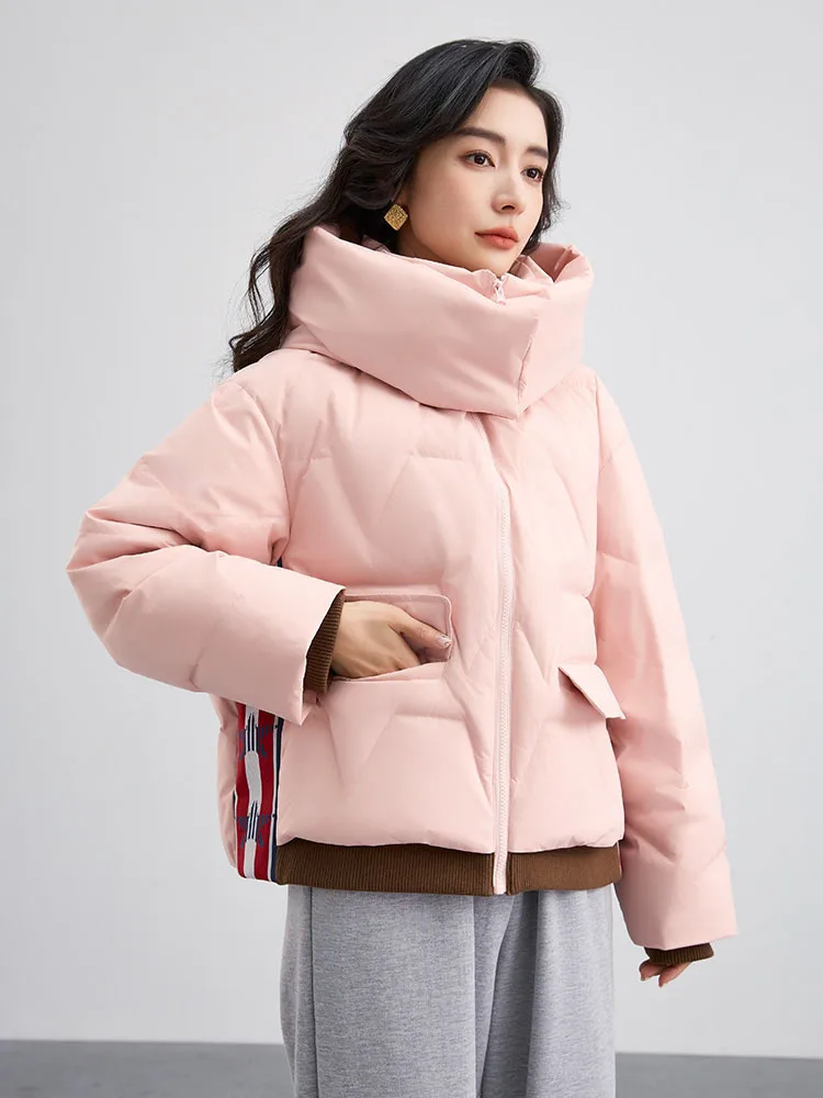 2024 Women Winter Puffer Coat Cropped Hooded Female Loose Warm 90% White Duck Down Jacket Two-sided Wear Color Blocking