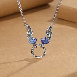 Vintage Blue Enamel Phoenix Necklace for Women Ethnic Style Fashion Temperament Long Pendant Silver Color Stainless Steel Choker