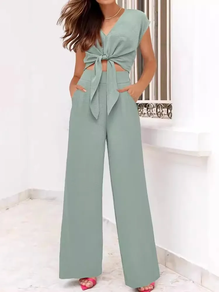 Women\'s Summer Collection Solid Color Fashion Sleeves Sexy V-neck Strap Waist Short Top With Pocket Wide Leg Pants 2-piece Set