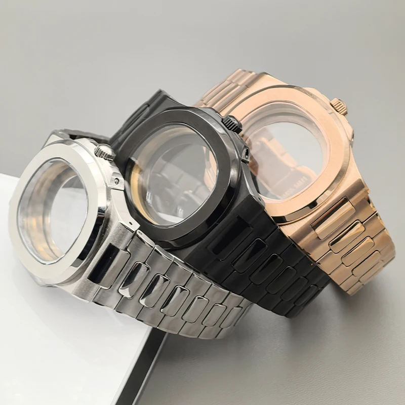 

40mm NH35 Nautilus Steel Watch Cases Sapphire Glass Fits NH35 NH36 7S26 4R Movement Transparent Back Cover Men's Watch Case Part