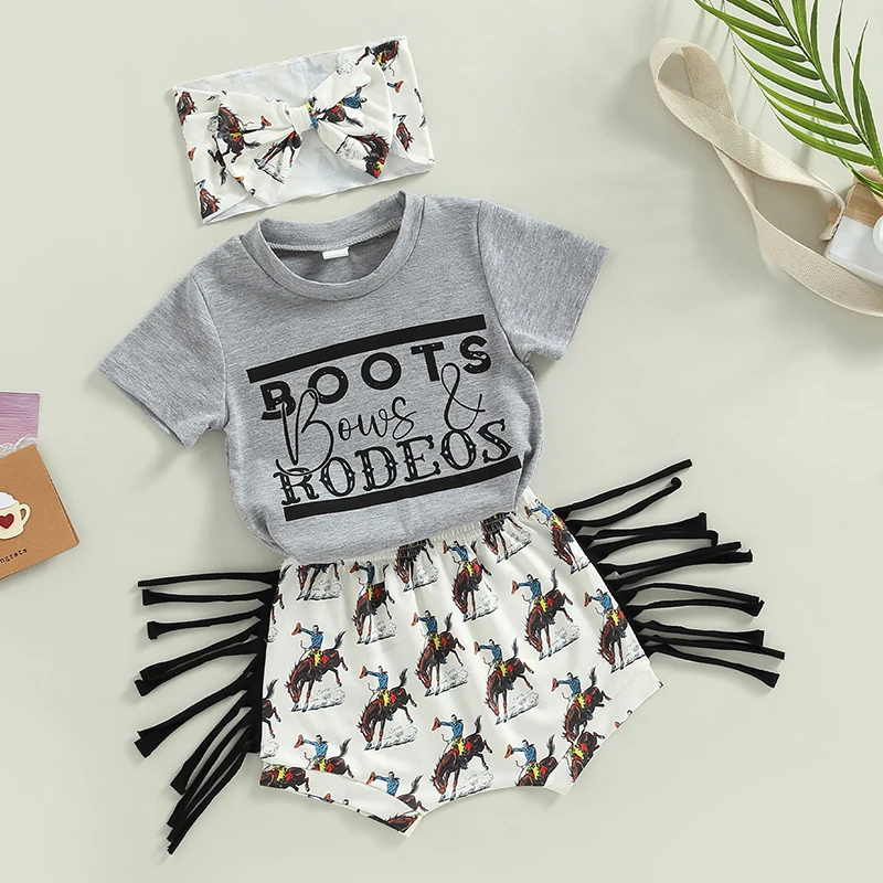 

Toddler Girl 3-Piece Outfit Cute Graphic Tee Fringe Shorts Matching Headband Set for Summer Style