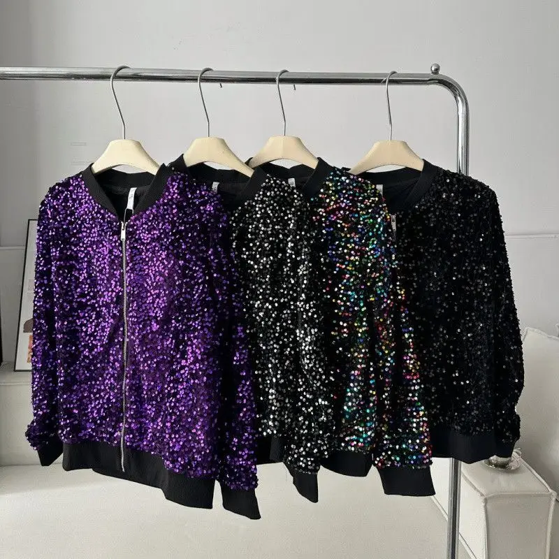 

Top Women's Korean Style Loose Fit Long Sleeve Sequin Outerwear Street Style Unisex Baseball Jacket New Comfortable Casual Niche