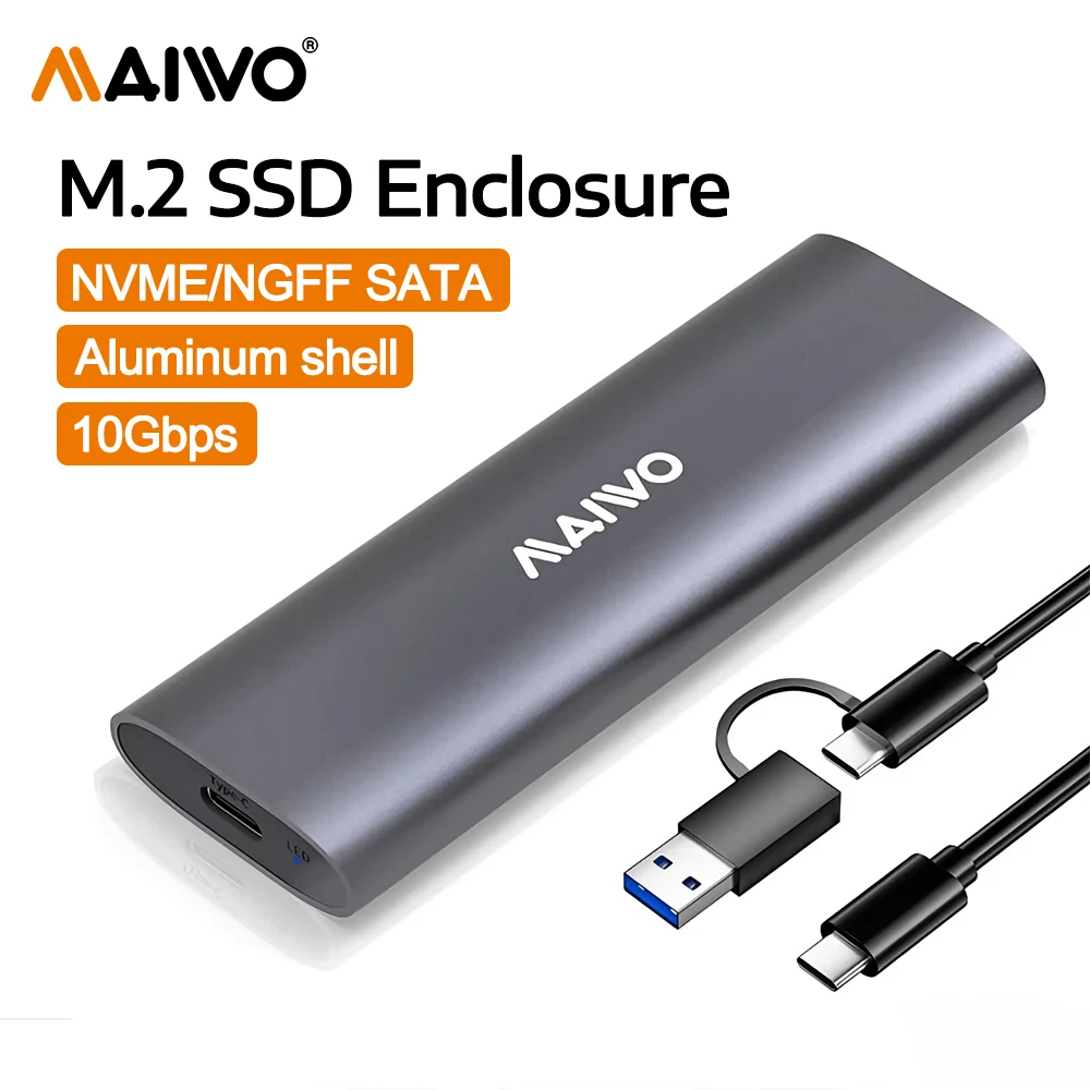 

MAIWO NVME SATA SSD Case M.2 SSD Enclosure 10Gbps USB 3.1 GEN2 USB C to NGFF NVMe SSD Adapter Support UASP 8TB Aluminum Shell