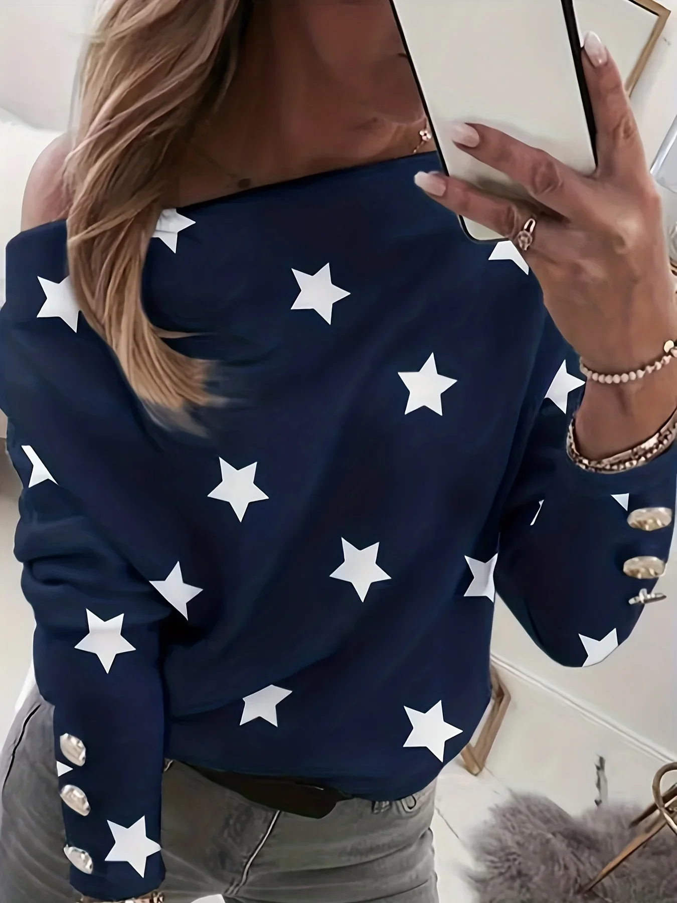 Women\'s Plus Size 1XL-5XL Ladies Casual Fashion Printed Long Sleeved Button Pullover Off Shoulder Star Print Loose Tops