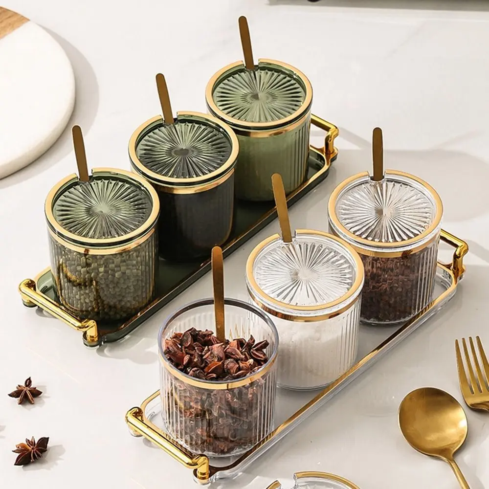 

Plastic Condiment Jar European Style Stripe Spice Container Transparent with Spoon and Lid Food Storage Organizer Kitchen