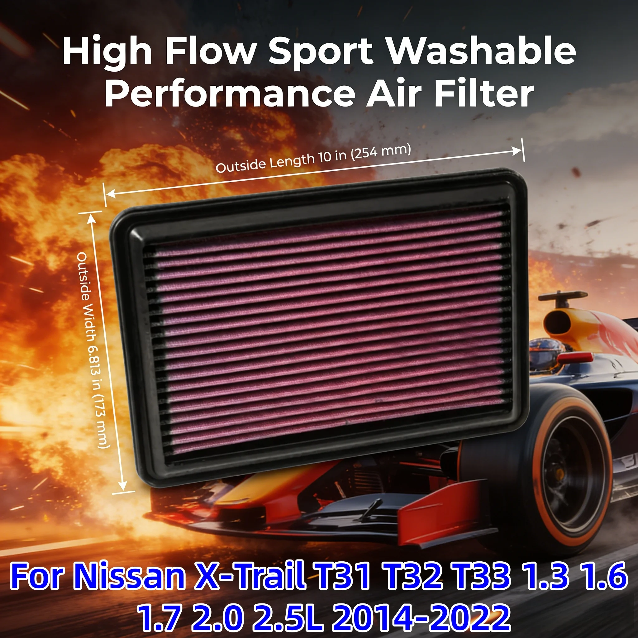 

For Nissan X-Trail T31 T32 T33 1.3 1.6 1.7 2.0 2.5L 2014-2022 High Flow Sport Washable Performance Panel Air Filter Replacement
