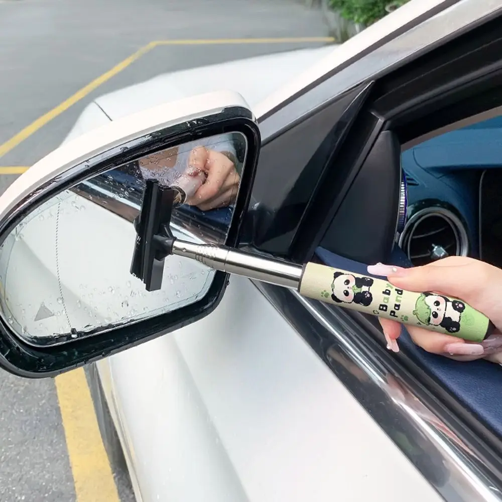 Handle Car Rearview Mirror Wiper Stainless Steel Retractable Mirror Squeegee Cleaner Layered Brush Head