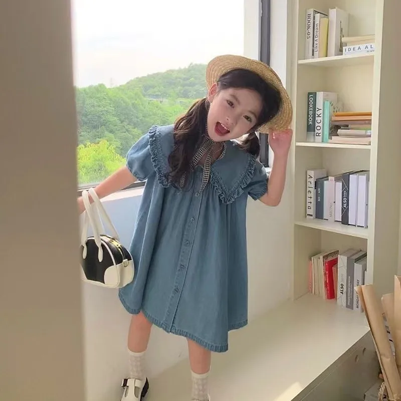 2024 Summer New Girl\'s puff sleeve dress Kids solid color denim princess party dress Baby girl big turn-down collar dress