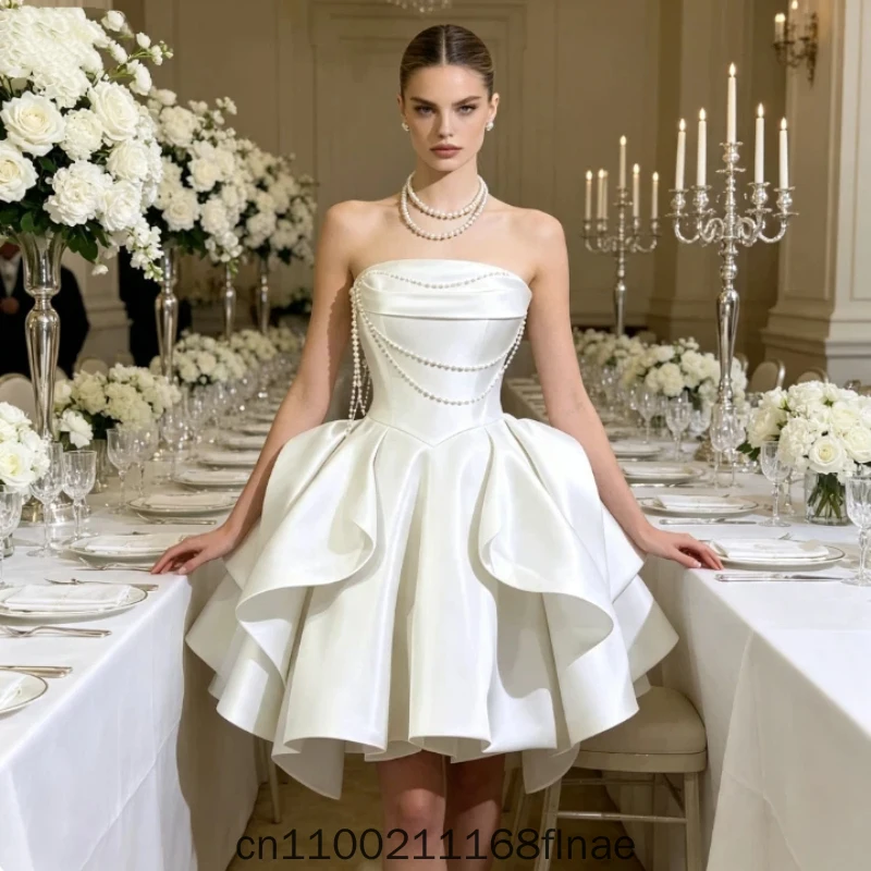 Modern Dance Dress, French Satin Light Wedding Dress, Simple and Short Strapless for Birthday Party, White Dress