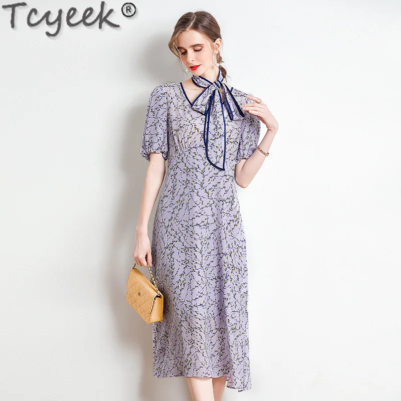 

Tcyeek 100% Mulberry Silk Dress Womens Dresses Slim Fit Elegant Dresses for Women Fashion Summer Clothes 2024 Print Dress Belt