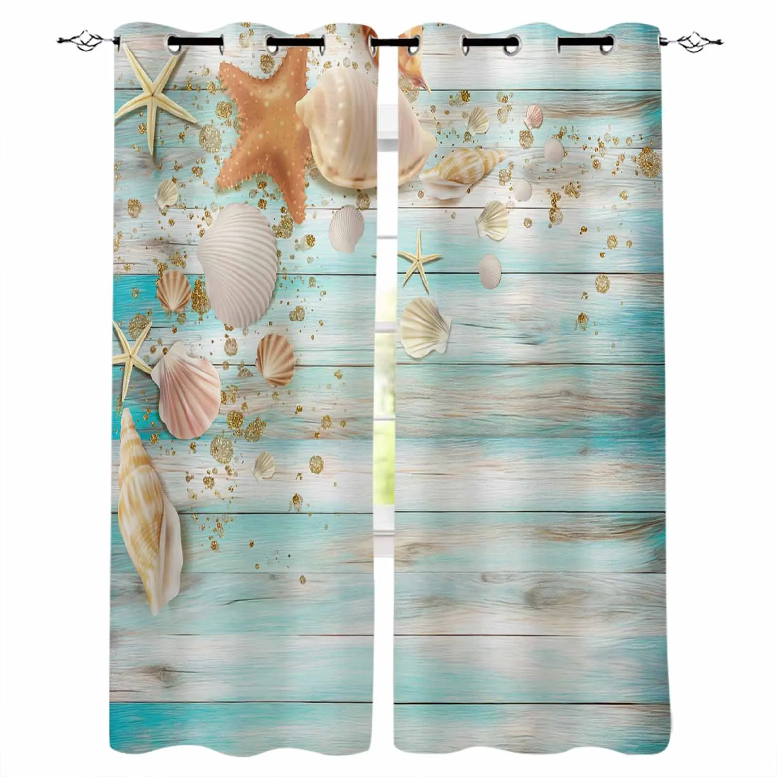 

Summer Shell Starfish Wooden Board Window Curtains for Living Room Kitchen Curtain Bedroom Decorative Window Treatments