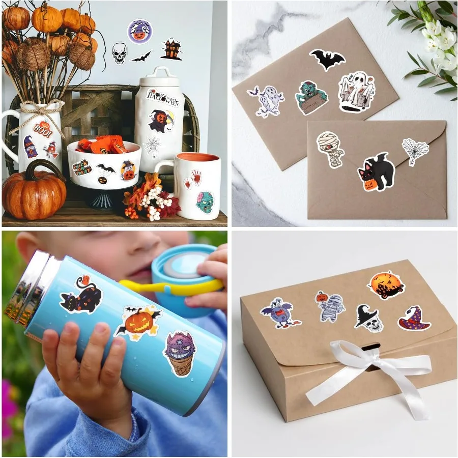 Pegatinas de Halloween 100 PCS Vinilo impermeable Pegatinas de calabaza fantasma para ideales para decoraciones de recuerdos de fiesta de Halloween en agua Bo