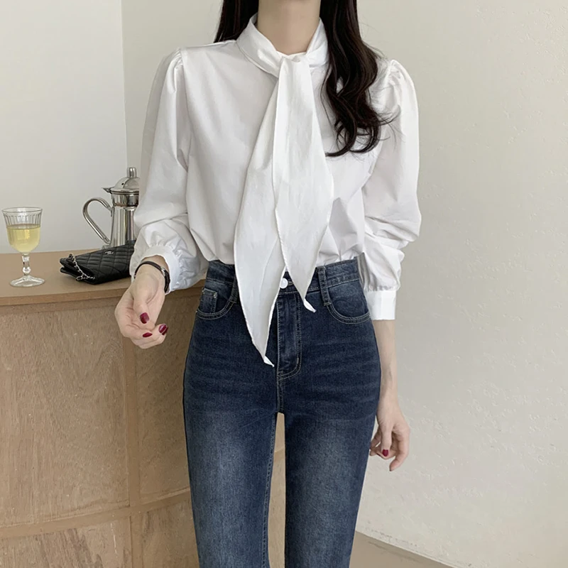 Elegant White Shirts Women Korean Tie Black Long Sleeve Blouses Office Ladies Fashion Single Breasted All Match Chic Tops New