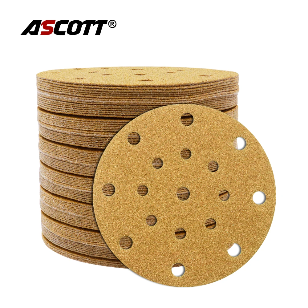 100pcs 6inch 17 holes Yellow Sand Paper 150mm Flocking Sand paper tray Polishing Pad Self-adhesive Loop Backing Polishing Disc