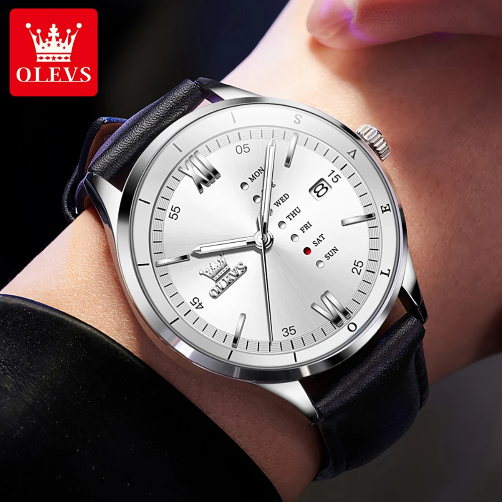 OLEVS-Montre à quartz étanche avec calendrier lumineux pour homme, bracelet en cuir avec boîte, marque de mode originale