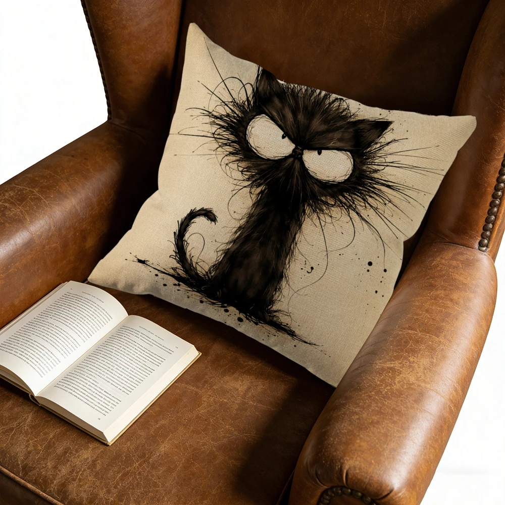 Cute Cat Throw Pillow Cream Black Cat With Big Eyes And Whiskers Home Decor For Living Room Bedroom Window Seat