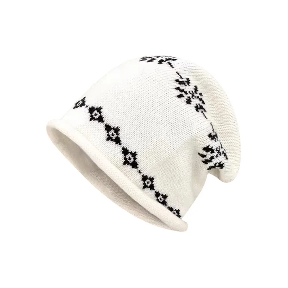 Retro Seasonal Warmth Knitted Hat Fair Isle Curled Edge Ear Protection Hat Warm Jacquard Weave Beanies Hat Autumn Winter Season