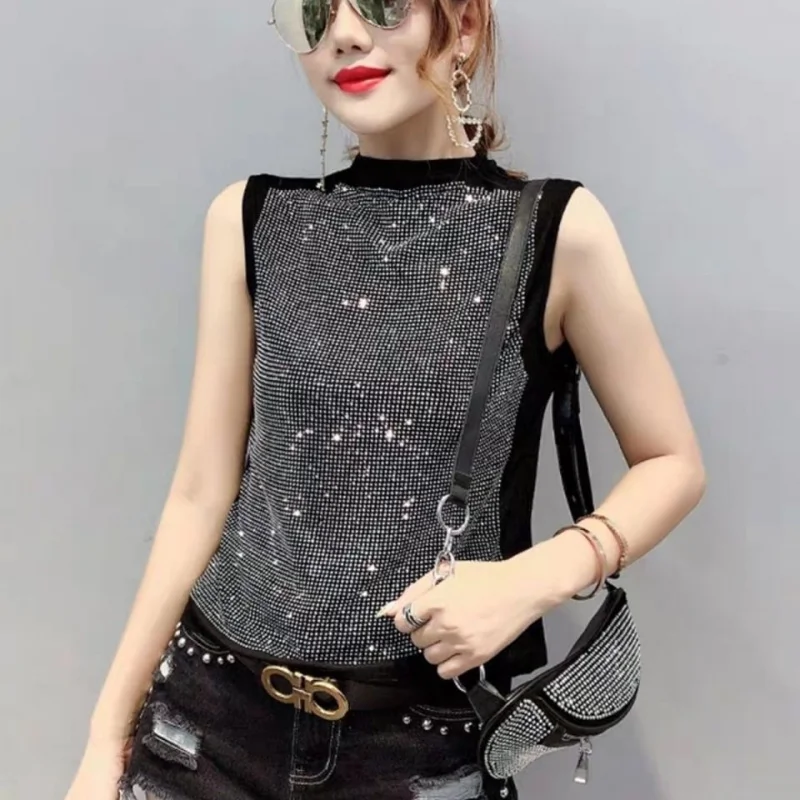 European Station2024Spring and Summer New Women's Slim Sleeveless Vest European Goods Heavy Embroidery Hot Drilling Top Western