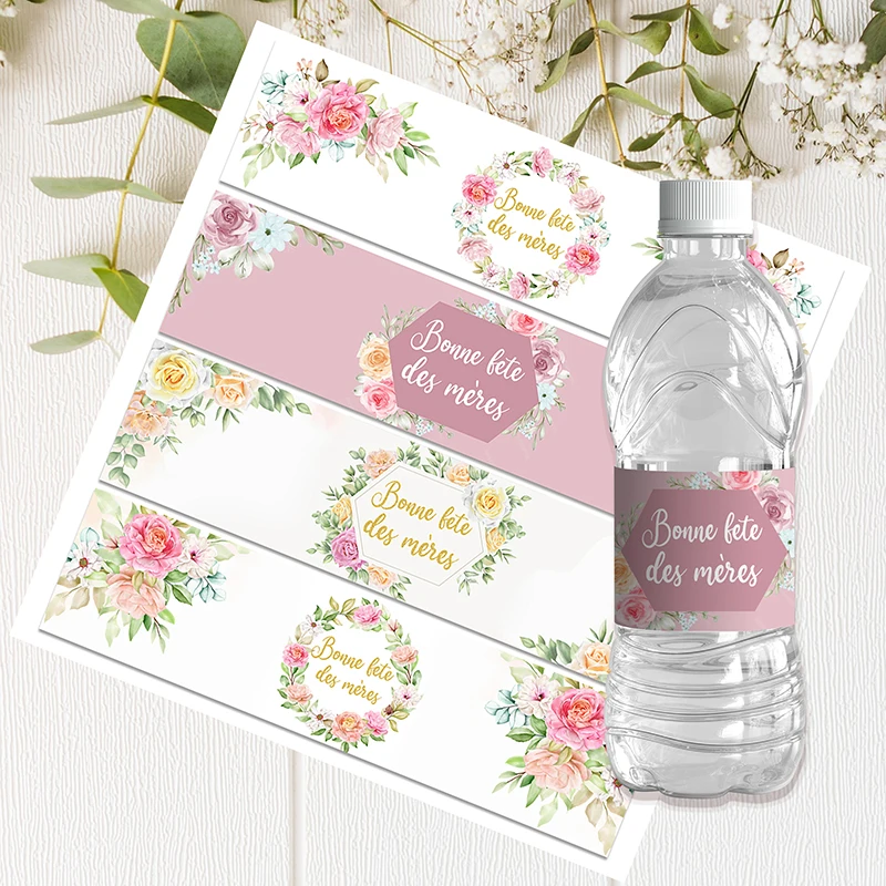 Etiquetas Adhesivas para Botellas de Agua con Diseño Floral para el Día de la Madre, Bonne Fête Maman, en Francés