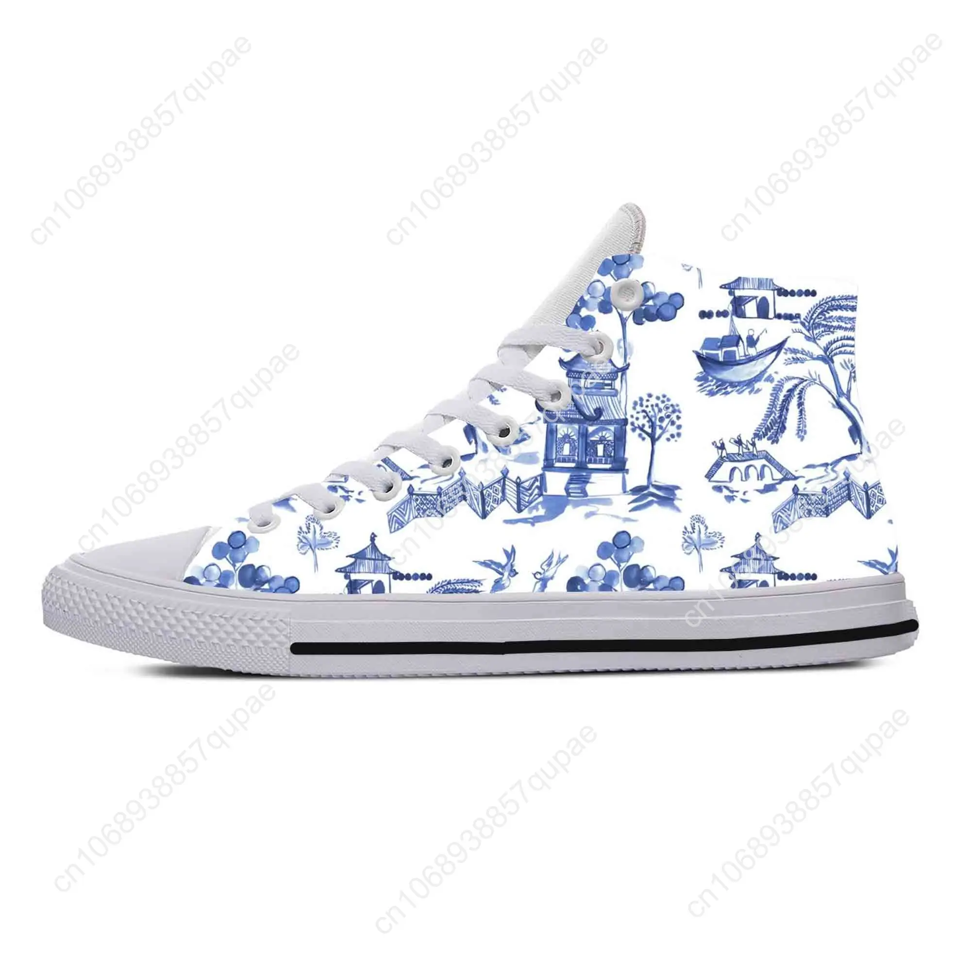 Blue White Willow Pagoda Chinoiserie Pattern Cool Casual Cloth Shoes High Top Comfortable Breathable 3D Print Men Women Sneakers