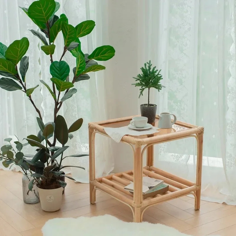 Retro rattan tea table Nordic homestay living room bay window tatami Japanese balcony tea table and rattan chair combination