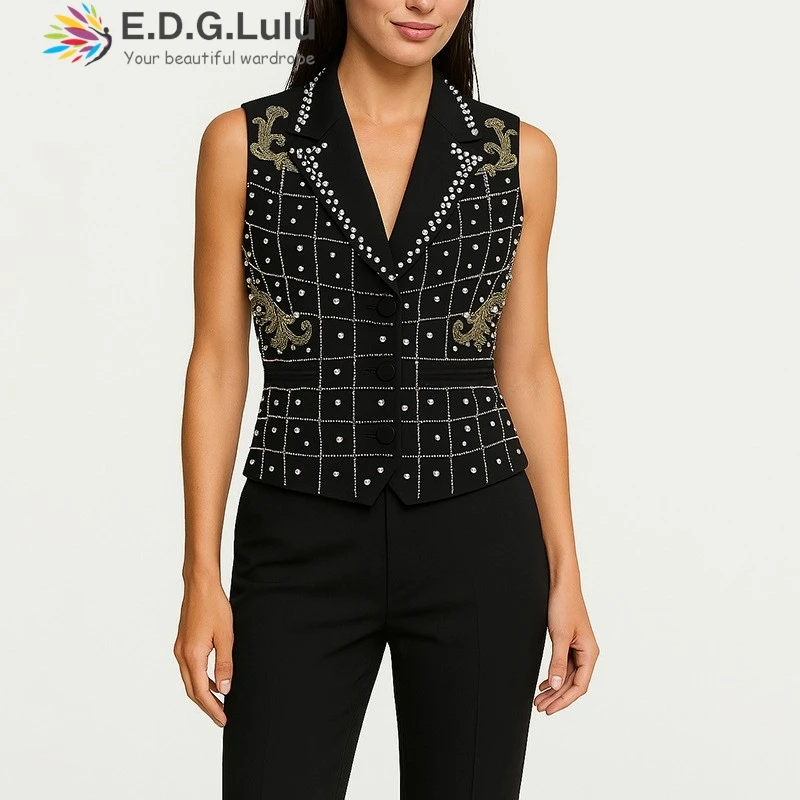 

EDGLuLu 2025 New Arrival Elegant Turn-Down Collar Beaded Splicing Vest Jacket Fashion High Quality Black Vest Suit Jacket 0411