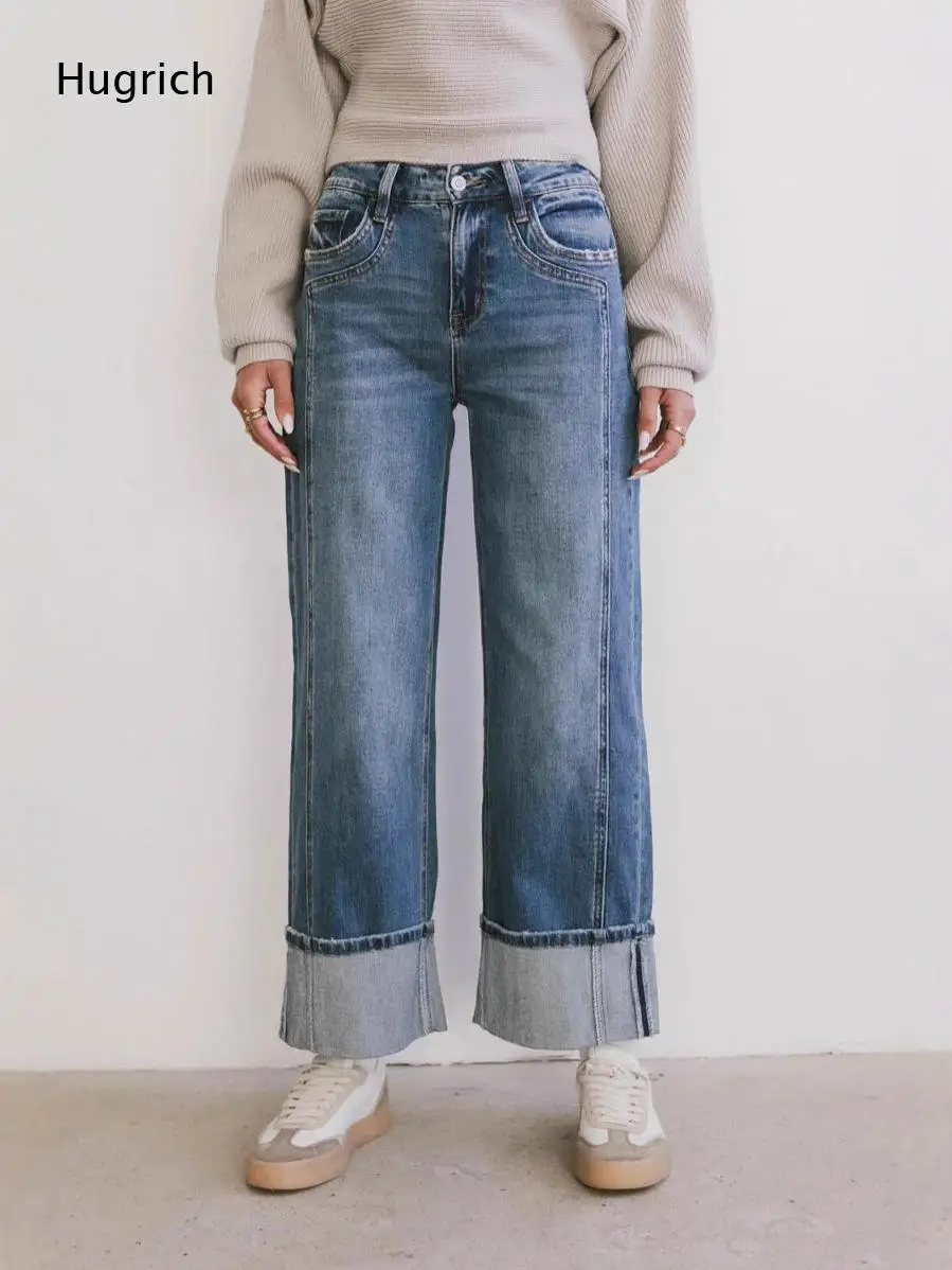 High Waist Straight Wide Leg Ankle Denim Trousers Light Bleach Wash Roll Up Cuff Loose Fit Women Daily Street Casual Jeans