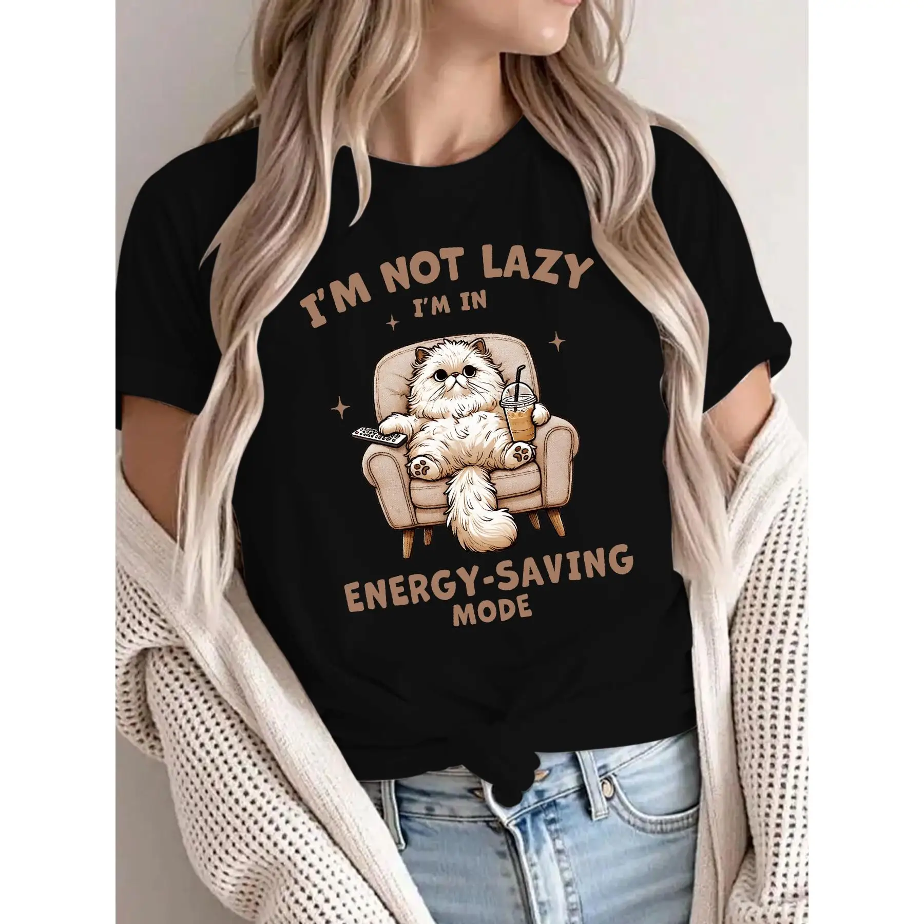 

"Funny Cat T-Shirt for Women | 'Energy Saving Mode' Graphic Tee | Lazy Kitty Humor Gift | Vintage Washed Top"