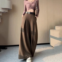 Pleated High Waist Straight Pants Ladies Fashion Wide Leg Pants Gray Suit Pants Women's Autumn Winter Casual Office Trousersual