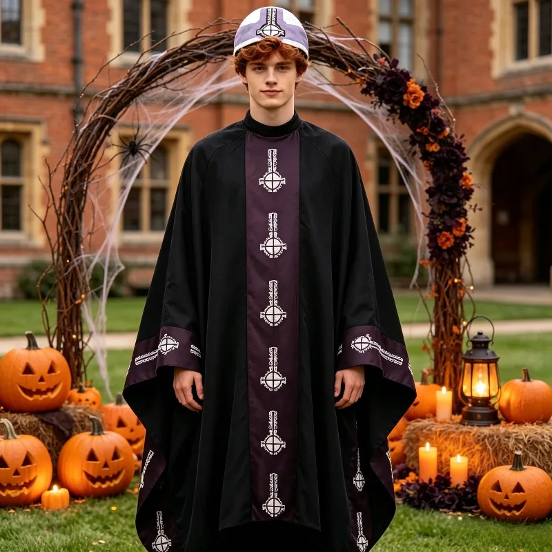 

Male and Female Adult Horror Dark Cosplay Costume, Medieval Gothic Cross Print Loose Robe, Halloween Role-playing Costume