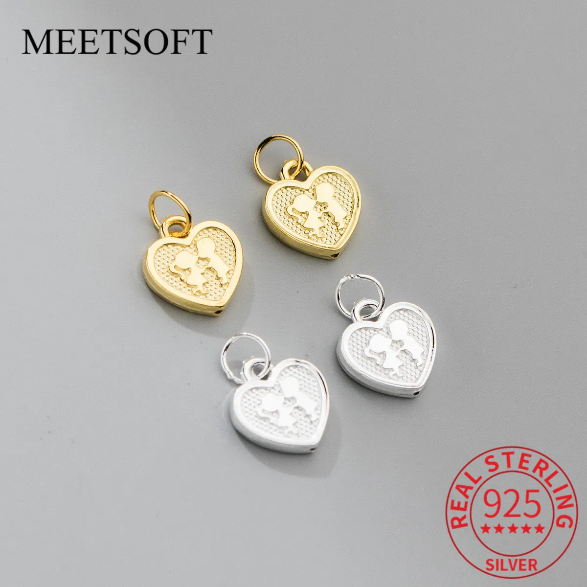 MEETSOFT Romance S925 Sterling Silver Couple Lovers Heart Pendant Charms of DIY Handmade Making Supplies Necklace Bracelet