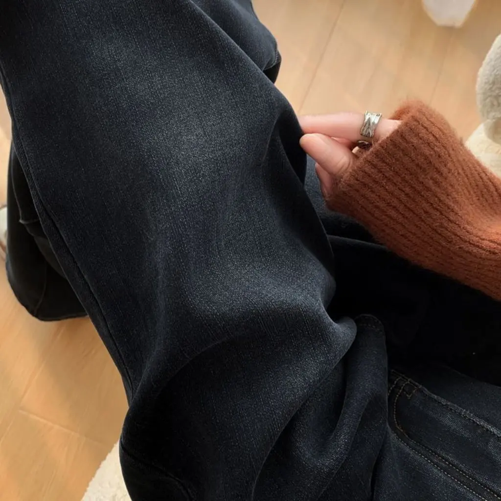 

Женские утолщенные джинсы на флисовой подкладке, прямые широкие брюки с высокой талией, осень-зима, новый стиль