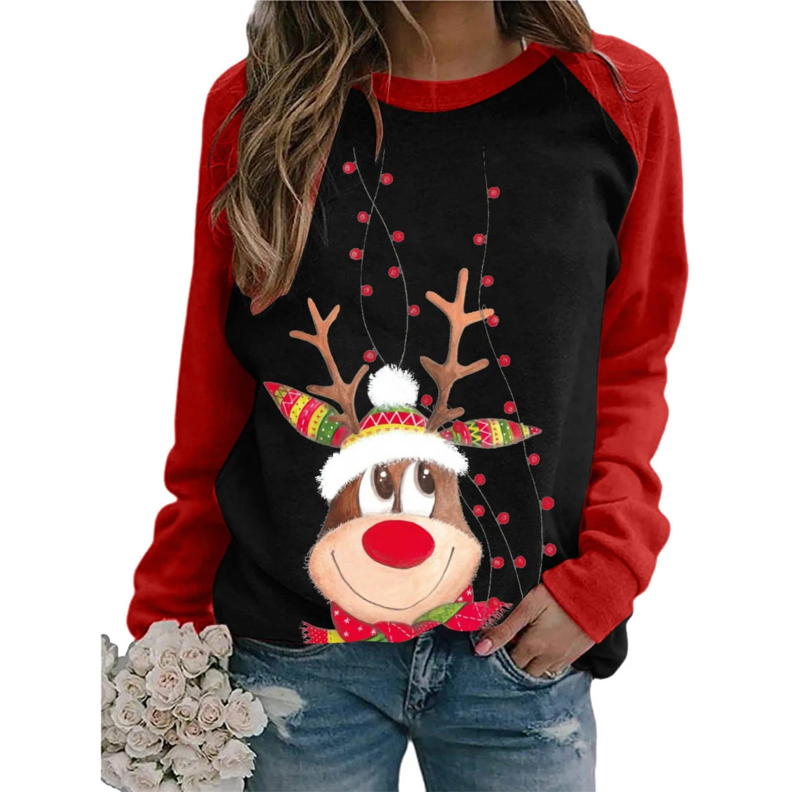 Autumn Winter Women\'s Pullover Christmas Print Color Blocking Long-sleeved T-shirt Shirt Top 2023