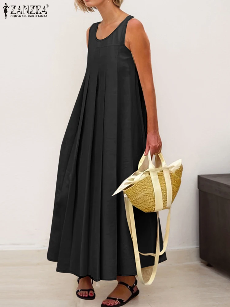 2025 ZANZEA ฤดูร้อน Maxi ชุดยาวผู้หญิงแขนกุด Beach Holiday Sundress จีบชุดสไตล์หลวม Vestidos Robe