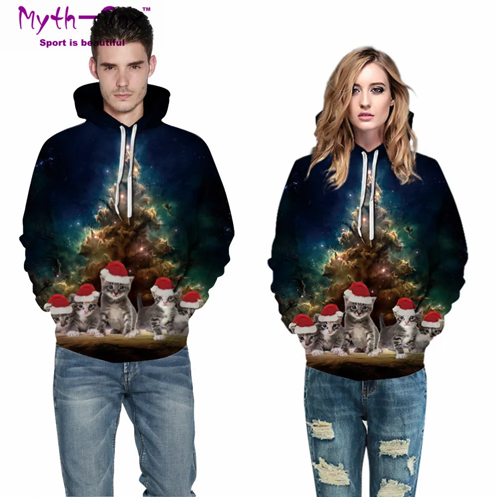 Women/Men Hoodie Sweatshirts Christmas Hoodies Women Cat Print Galaxy Tree Sportwear Hooded Sweaters Hip Hop Streetwear Pullover